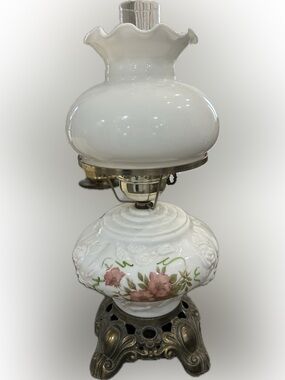 Fenton Hurricane Lamp Hand Painted 3-way light Parlor Table Lamp